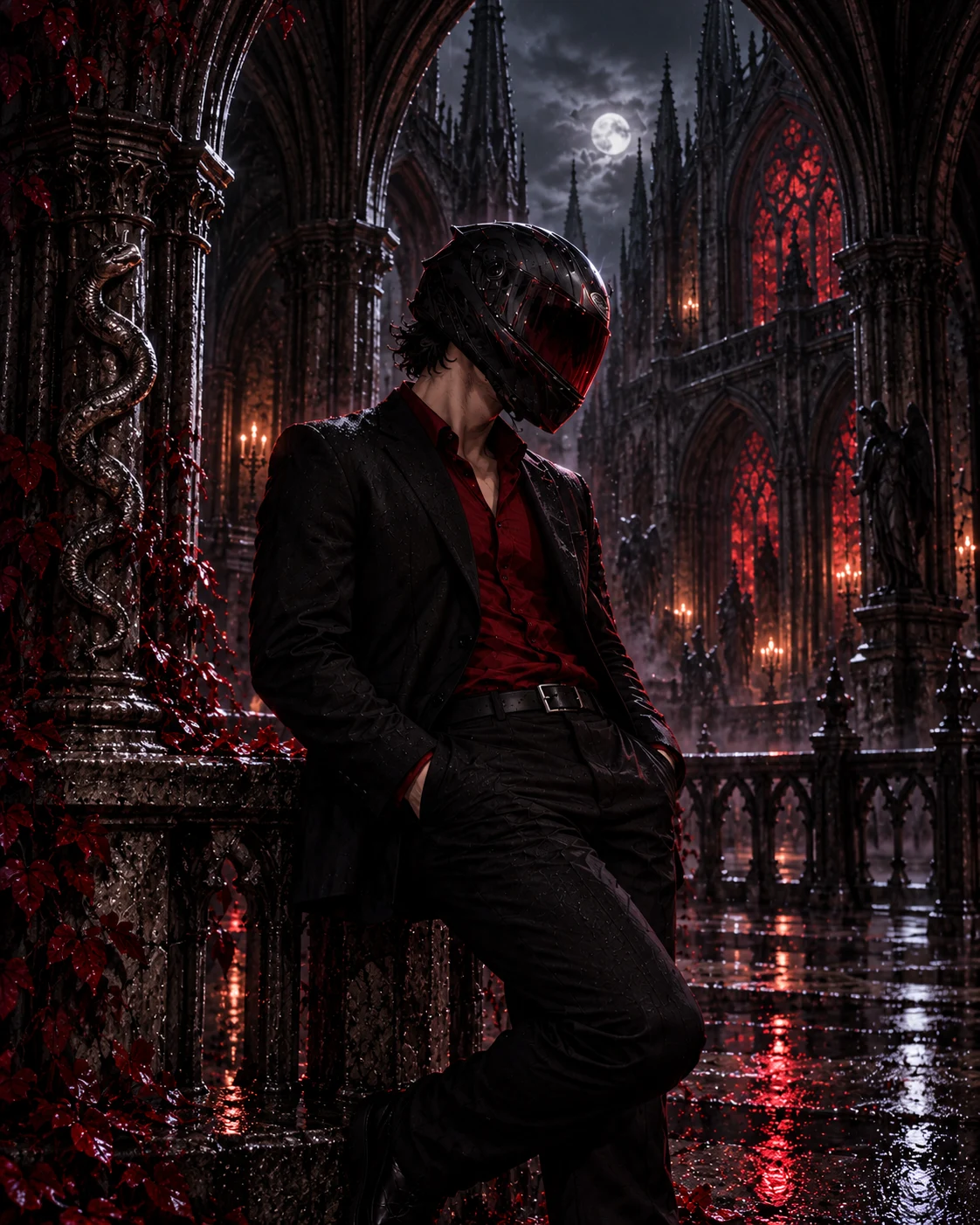 Nox_vyper’s helmeted persona in a black suit, standing in a rain-soaked gothic cloister with silver serpents and crimson stained glass.