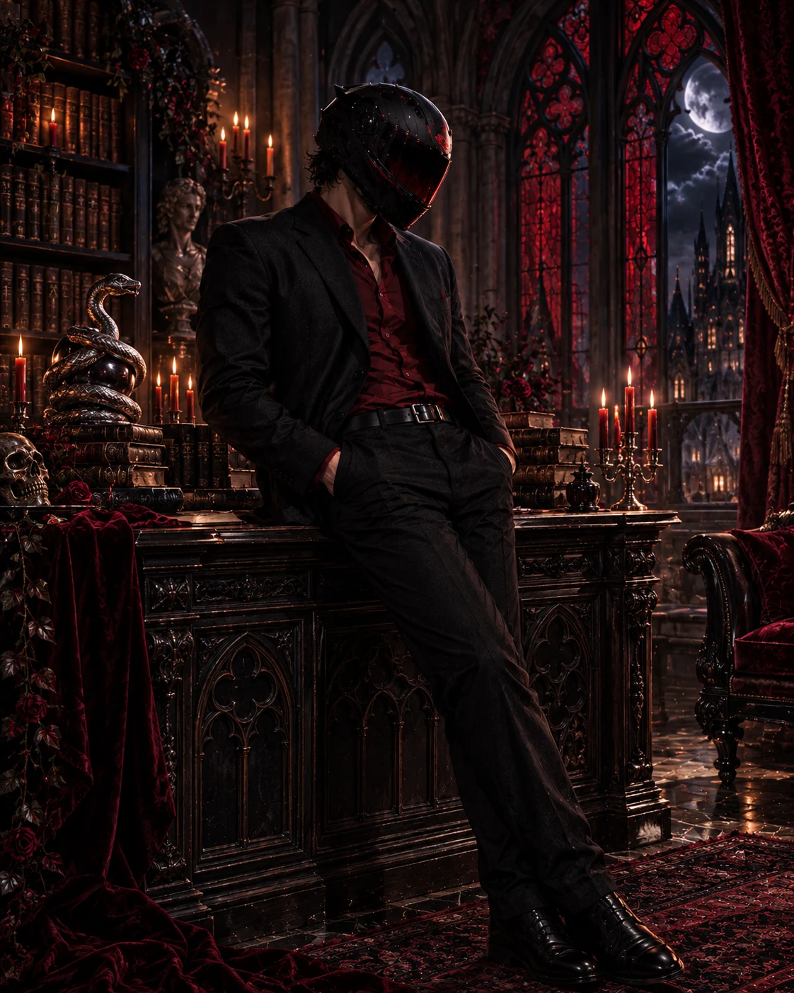 Nox_vyper’s helmeted persona in a candlelit gothic study with a carved desk and crimson stained-glass windows.
